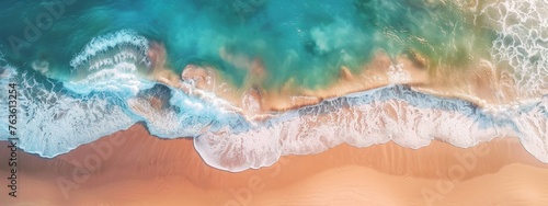 aerial photo of beautiful summer sandy beach and blue ocean with copy space, top view from drone. Summer seascape beautiful waves. blue sea water in sunny day. Sea aerial view. 
