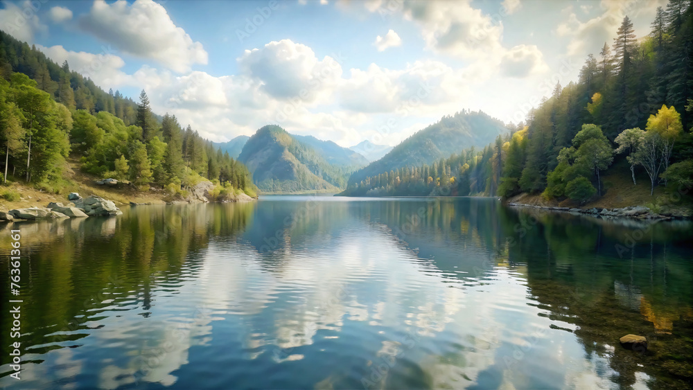Mountain Lake Serenity: A tranquil scene featuring a pristine lake nestled amidst majestic mountains, reflecting the serene sky and lush greenery Mountain Lake Serenity: A tranquil scene featuring a pristine lake nestled amidst majestic mountains, reflecting the serene sky and lush greenery