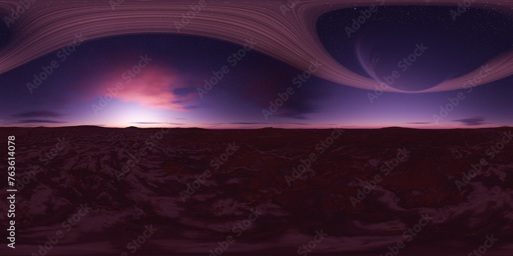 360 view of Sci-fi alien planet landscape. Twilight Sunset or Sunrise Sky. Nature Background. 3d rendering. 360 view of Sci-fi alien planet landscape. Twilight Sunset or Sunrise Sky. Nature Background. 3d rendering.