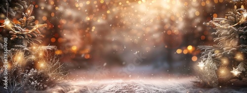 Weihnachten Hintergrund. Weihnachtsbaum mit Schnee verziert mit Lichterkette, Urlaub festlicher Hintergrund. Widescreen Rahmen Hintergrund. Neujahr Winter Art Design, Weihnachtsszene Breitbild © JovialFox