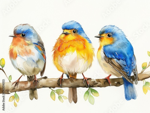 A delightful watercolor illustration featuring three songbirds perched on a branch