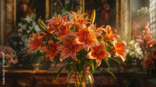 Close-up of lilies, the flower associated with Saint Joseph, arranged in a traditional vase for the feast day