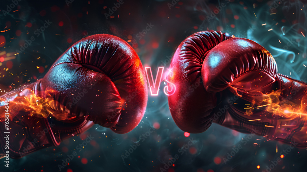 wide poster of hot fighting boxing gloves with the VS letters for versus, Close-up Generative AI  - obrazy, fototapety, plakaty 