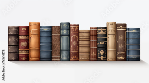 Set of books on shelf isolated on white background. Children education. Multicolor book variety. World book day