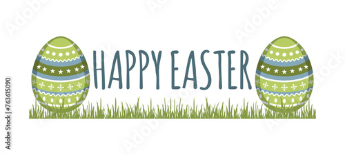 'Happy Easter' lettering between the two Easter eggs on the grass field vector