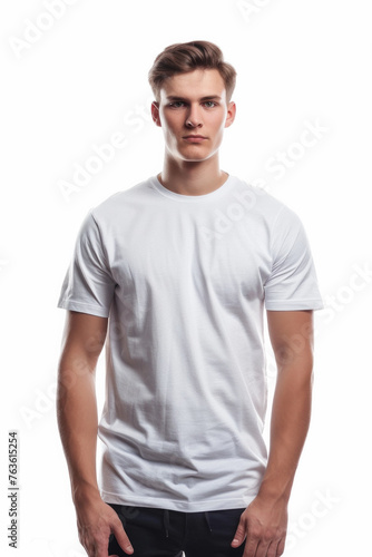 A man in a white shirt stands in front of a white background