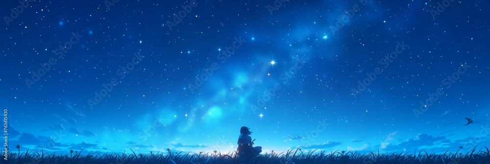 Young person contemplating the cosmic starry sky in a dreamy nighttime setting - obrazy, fototapety, plakaty 