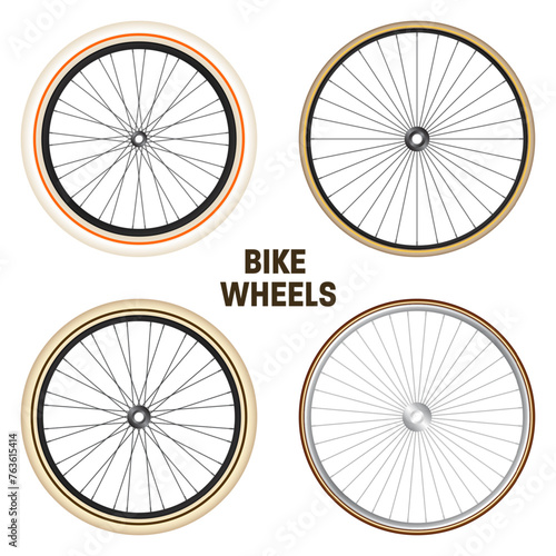 Realistic 3d retro bicycle wheels. Vintage bike rubber tyres, shiny metal spokes and rims. Fitness cycle, touring, sport, road and mountain bike. Vector illustration