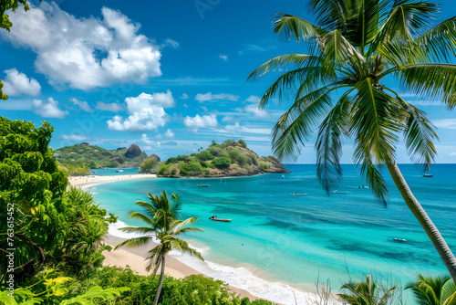 Tropical Island Paradise: Serene Beaches, Azure Seas, and Lush Palm Trees Under the Mesmerizing Sky