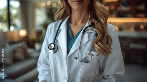 doctor table. stethoscope. Crop anonymous female doctor in white medical uniform with professional stethoscope. 