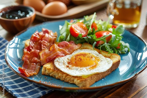 A breakfast plate with eggs, bacon, toast, and a salad sits on a blue plate.