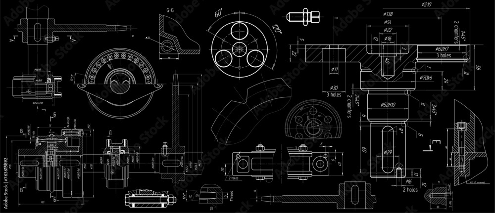 Vector engineering drawing of steel mechanical parts 
with through holes and dimension lines. Industrial 
cad scheme on paper sheet. Technology background. - obrazy, fototapety, plakaty 
