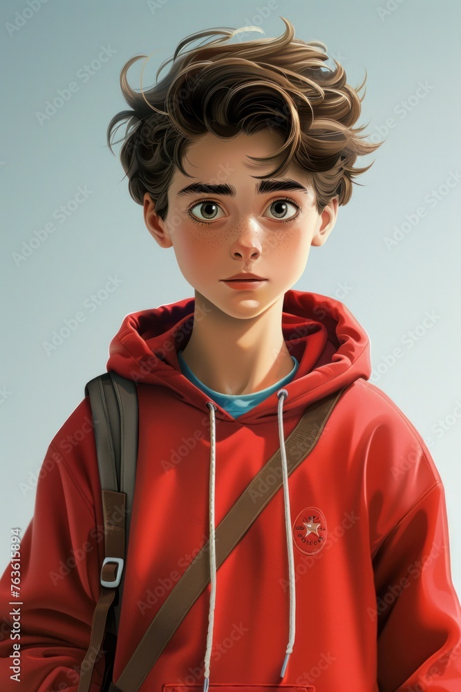 A boy with a red hoodie and a backpack. He has curly hair and freckles. A boy with a red hoodie and a backpack. He has curly hair and freckles.