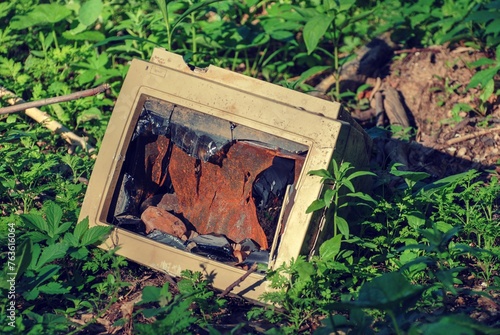 An old computer monitor is broken and rusting in the woodland area.  