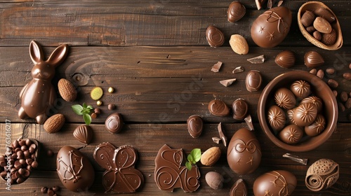 Chocolate Easter eggs, rabbits and sweets on wooden background 