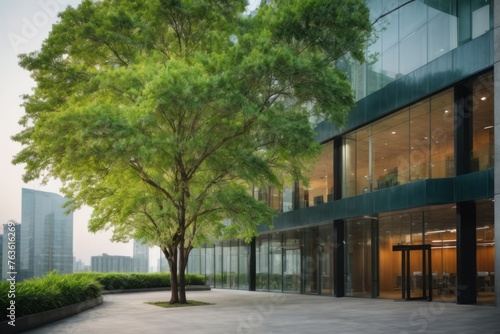 office building with environmentally friendly green trees.