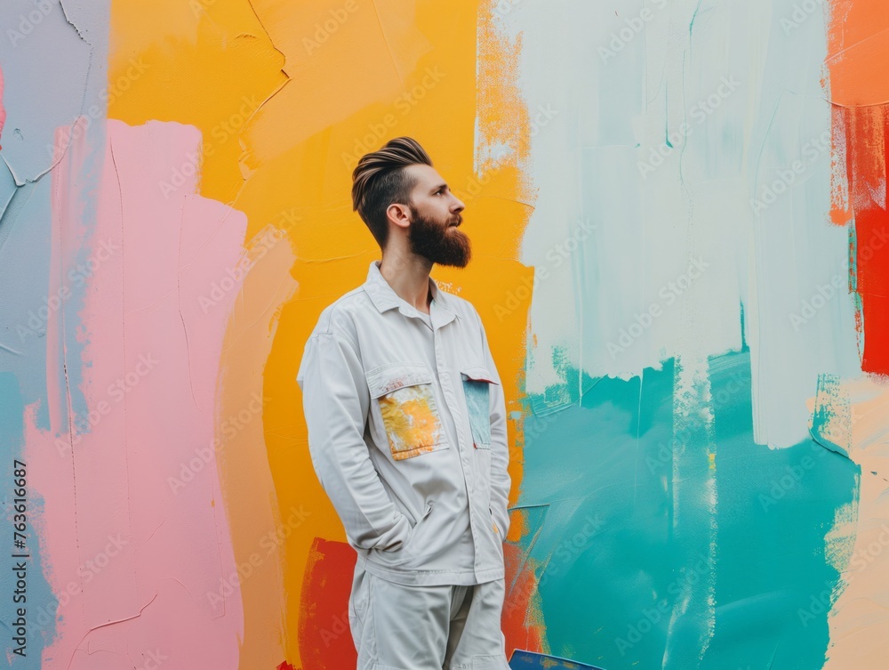 Obraz premium Stylish young man painter posing against colorful abstract wall: bearded man worker in trendy attire stands contemplatively before a vibrant abstract mural