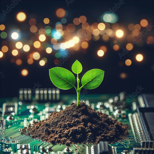 the concept of nature emerging from a computer chip, signifying new life and an eco-friendly concept that combines technology with the natural world.