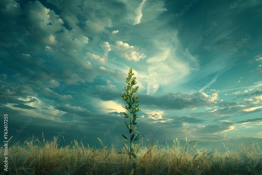 Youthful Resilience: A Solitary Plant's Dramatic Under the Sky
