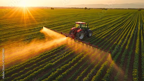 Traktor during spraying chemicals in the field.