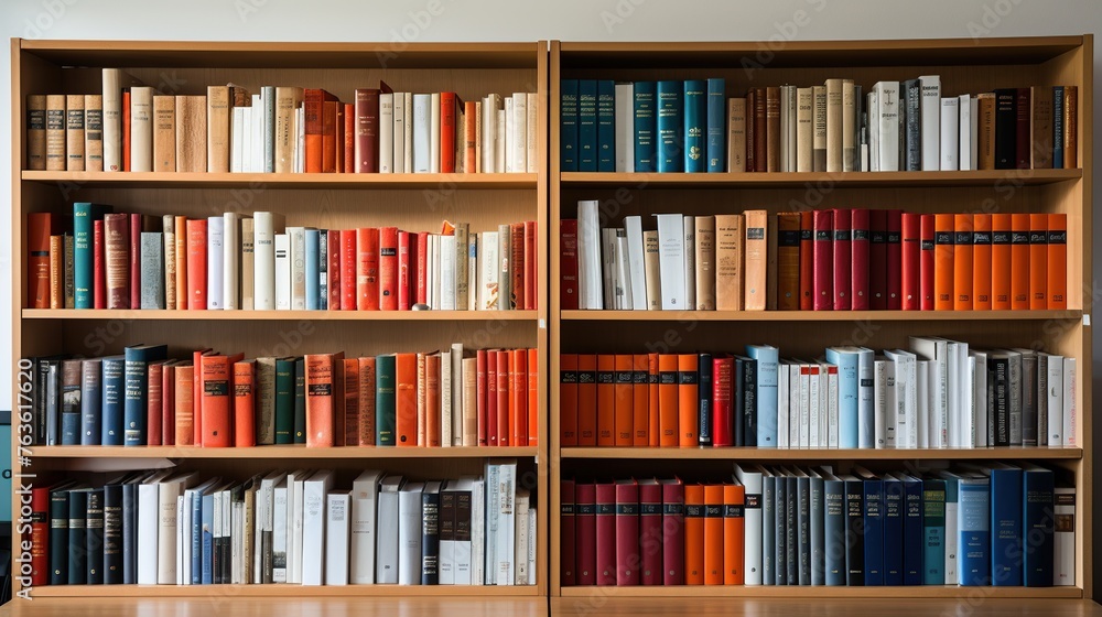 Modern library with many books on shelf. Collection books displayed on the bookshelf. Modern library with many books on shelf. Collection books displayed on the bookshelf.
