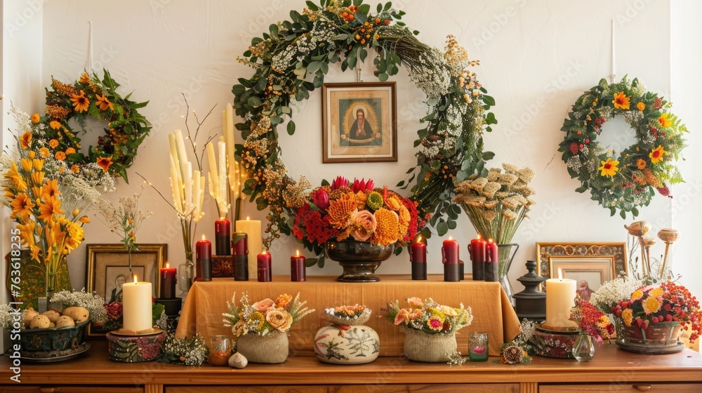 Display of handmade Saint Joseph's Day decorations, including wreaths, candles, and embroidered linens