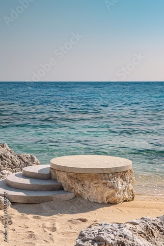 A serene summer scene with sand and tropical sea, featuring an abstract stone podium for showcasing moments or objects © New Robot