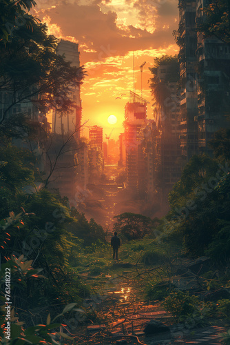 Silhouette of a single person, getting out of the forest to look at the overgrown ruins of what was a city a long time ago, during a sunset