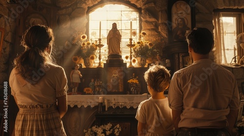 Family gathered in prayer around a Saint Joseph's altar in their home, reflecting a moment of spiritual unity