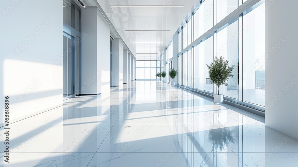 Spacious commercial corridor with large windows casting dynamic shadows on tiled floors Spacious commercial corridor with large windows casting dynamic shadows on tiled floors