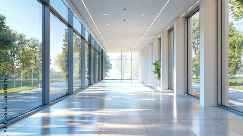 Sleek modern hallway with panoramic glass windows revealing serene park views
