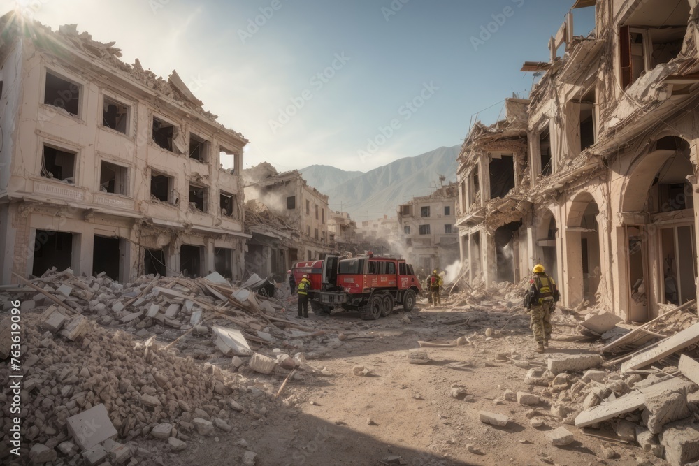 Rescue team search destroyed buildings and street after the earthquake