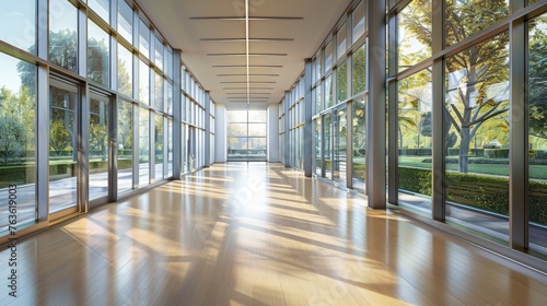 Expansive and bright corridor with floor-to-ceiling windows overlooking a garden