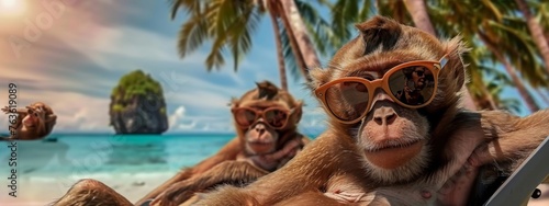Funny animal monkey summer holiday vacation photography banner background - Closeup of monkeys with sunglasses , chilling relaxing at the tropical ocean beach, in a lounge chair photo