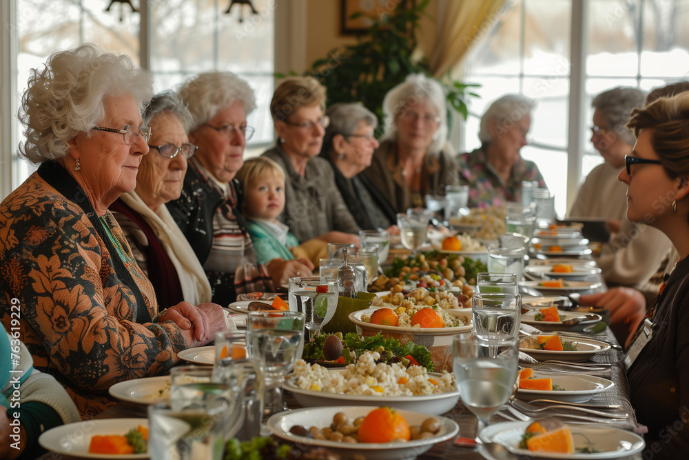 A heartfelt gathering of multiple generations at a family meal, enjoying each other's company and a healthy feast. A heartfelt gathering of multiple generations at a family meal, enjoying each other's company and a healthy feast.