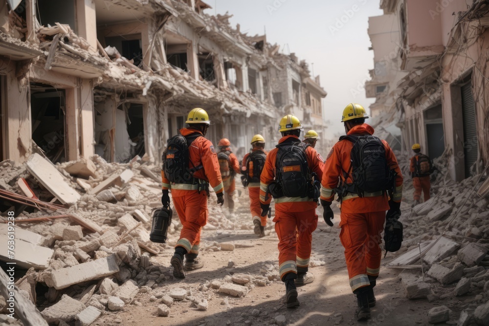 Rescue team search destroyed buildings and street after the earthquake Rescue team search destroyed buildings and street after the earthquake