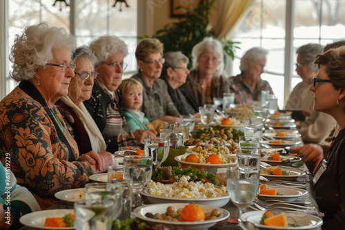 A heartfelt gathering of multiple generations at a family meal, enjoying each other's company and a healthy feast.