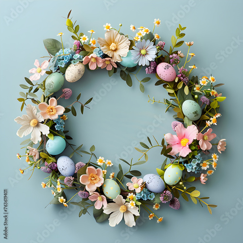 Creative Easter layout made of colorful painted eggs and flowers on pastel blue background. Circle wreath for holiday, flower frame. Greeting card, banner, poster. Flat lay, top view with copy space