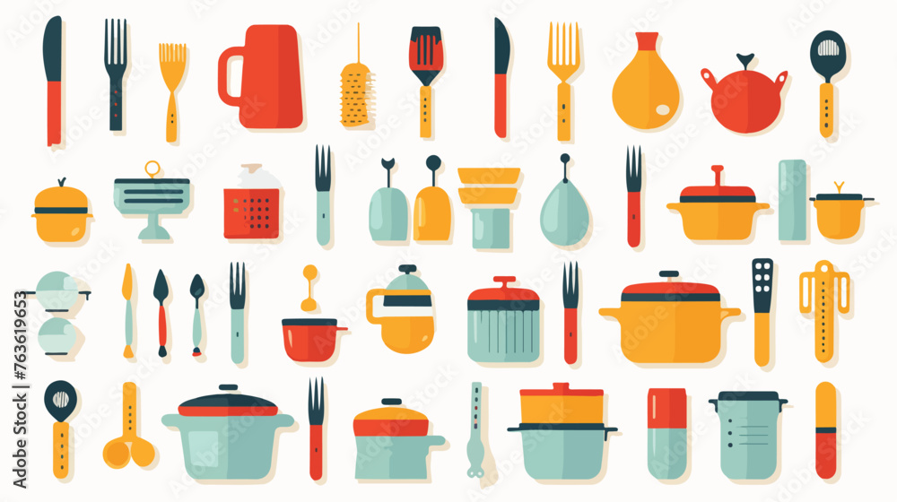Kitchen utensils icons flat cartoon vector illustra - obrazy, fototapety, plakaty 