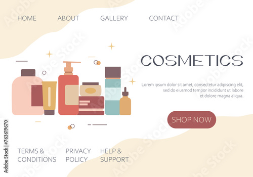 Web page design template with set of beauty products, cosmetics, cream and lotion. Cleansing concept for banner, poster, website. Vector illustration. Landing page layout. Skin care and body care