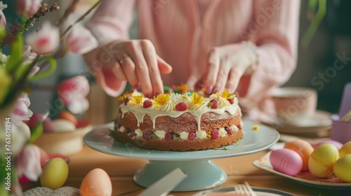 Hands of unrecognizable woman setting table with an easter cake  © Nijat