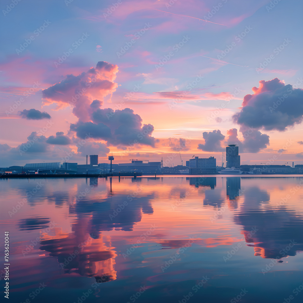 Serene Beauty of Twilight: A Captivating Display of IJ Landscape with Amsterdam Skyline in the Netherlands