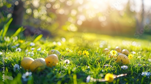 Happy Easter. Easter eggs on grass on a sunny spring day - Easter decoration  banner  panorama  background with copy space for text. 