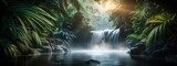 waterfall in the mountains, Abstract background with jungle and waterfall lake or river palms and high trees lush greenery bushes tropical plants Summer wallpaper Horizontal illustration for banner de