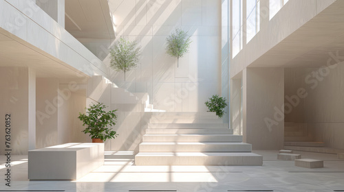 Minimalist Atrium: Photograph a minimalist atrium with clean lines, neutral tones, and understated elegance. Use generative AI to emphasize the simplicity and purity of the design. Generative AI © Hokmiran