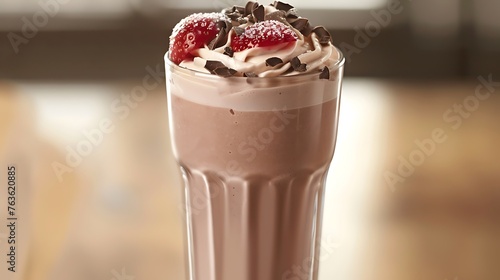 A delicious chocolate milkshake with whipped cream, chocolate chips, and strawberries on top.