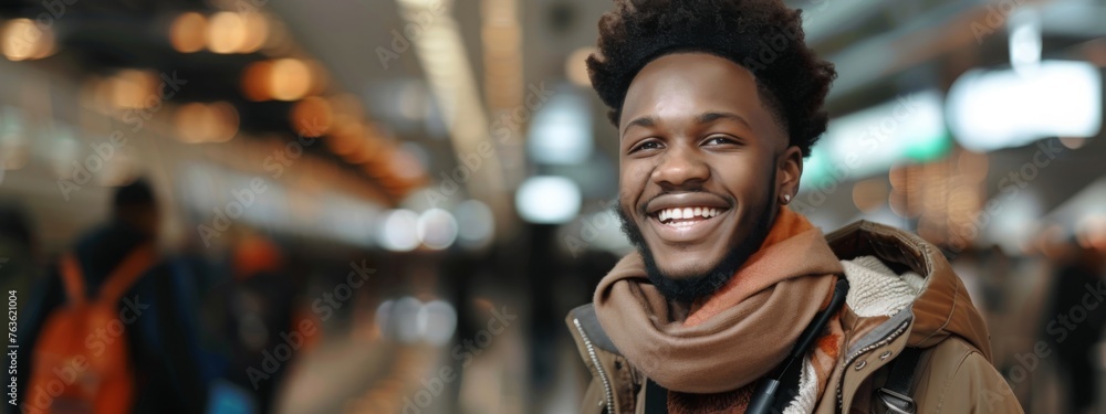 Young African American Entrepreneur Smiling And Happy At The Airport. Image With Copy Space. 