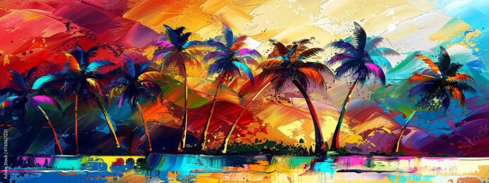 Abstract painting concept. Colorful art of a Caribbean palm tree landscape. Cuban culture.  - obrazy, fototapety, plakaty 