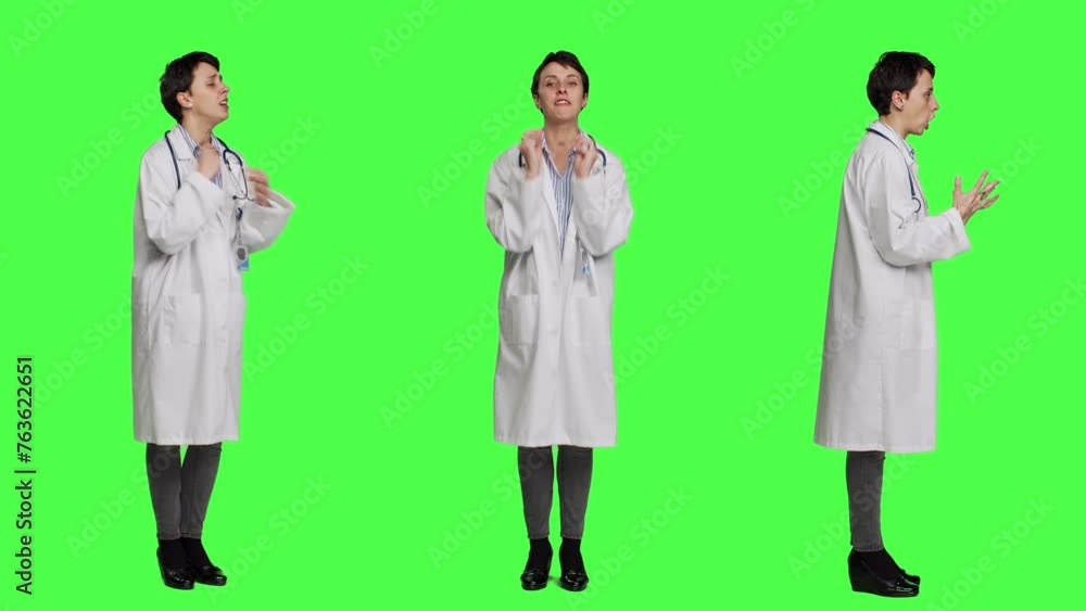 Angry physician yelling at people and being aggressive in studio, getting mad and furious at something against greenscreen backdrop. Irritated annoyed medic screaming, being displeased. Camera A. Angry physician yelling at people and being aggressive in studio, getting mad and furious at something against greenscreen backdrop. Irritated annoyed medic screaming, being displeased. Camera A.