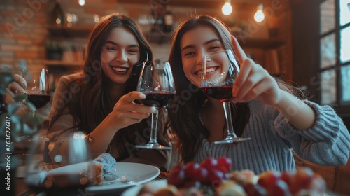 Self portrait of stylish positive cheerful best friends showing two fingers hi holding wineglasses with red wine in hands having video-call sitting at the table modern dinning room indoor photo